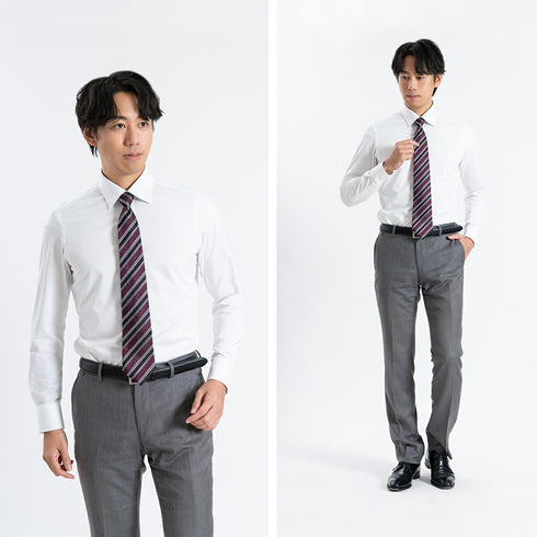 【日本製】 ワイシャツ メンズ ビジネス 長袖 スリムフィット 吸水速乾 ストレッチ ノーアイロン 無地 ワイドカラー イージーフォーマルシャツ サックス(SNKN24-074FM-sa)